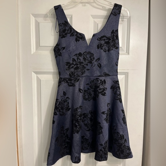 Francesca’s Mi Ami small dress fit n flare roses blue‎ black burnout velvet - Picture 1 of 11